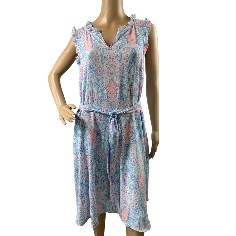 Talbots Womens Dress M Blue Pink‎ Sleeveless V-Neck Ruffle Trim Peasant Babydoll